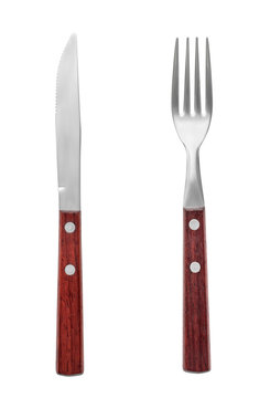Cutlery set for steak. Fork and knife isolated on white
