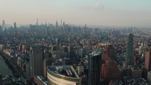 View on buildings and skyscrapers from sky. Cityscape view of Manhattan from a drone. 