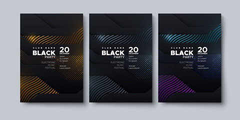 Electronic music festival. Modern posters design. Black party invitation. Abstract background. Black geometric wavy layers with metallic ornaments. Vector illustration. Club invitation template.