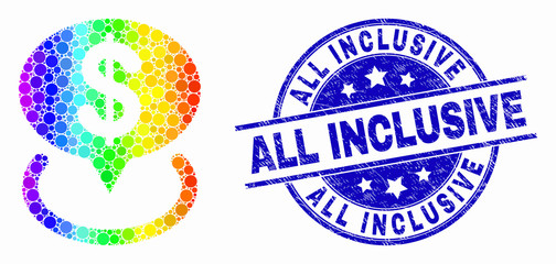 Obraz premium Pixel rainbow gradiented dollar placement mosaic icon and All Inclusive seal stamp. Blue vector round grunge watermark with All Inclusive message. Vector combination in flat style.