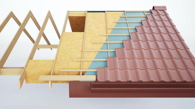 Technical cutaway of roof construction, constructive and technological layers, classic brown tiles. 60 fps animation.