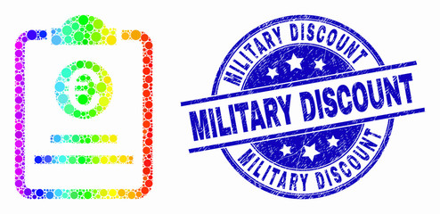 Pixel bright spectral euro price pad mosaic pictogram and Military Discount seal. Blue vector round grunge seal stamp with Military Discount phrase. Vector collage in flat style.