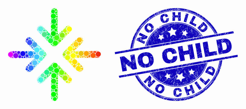 Pixelated rainbow gradiented meeting point arrows mosaic icon and No Child seal. Blue vector rounded textured stamp with No Child phrase. Vector combination in flat style.