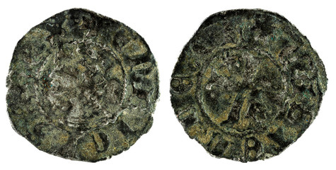 Ancient medieval fleece coin of the King Enrique II. Obolo. Coined in Burgos. Spain.