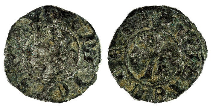 Ancient medieval fleece coin of the King Enrique II. Obolo. Coined in Burgos. Spain.