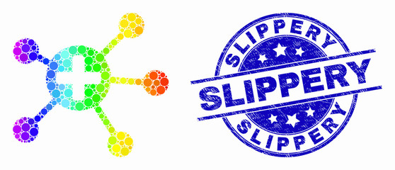 Dot spectral medical links mosaic icon and Slippery stamp. Blue vector round scratched seal stamp with Slippery caption. Vector combination in flat style.
