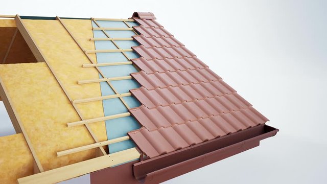 Technical cutaway of roof construction, constructive and technological layers, brown classic tiles. 60 fps animation.