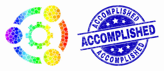 Dot spectral industrial cooperation mosaic pictogram and Accomplished seal stamp. Blue vector round grunge seal stamp with Accomplished caption. Vector combination in flat style.