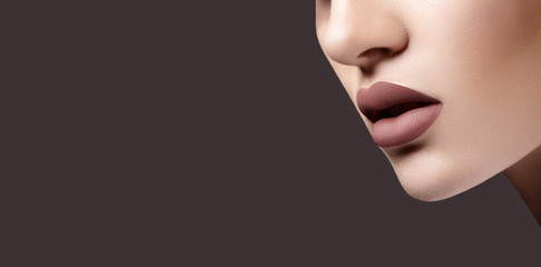 Sexy Part of Female Face with Plump Lips, Perfect Chin Shapes and Smooth Skin. Fashion Lip Make-up. Copy Space Concept