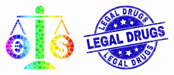 Dot rainbow gradiented compare euro dollar mosaic icon and Legal Drugs seal. Blue vector rounded textured seal with Legal Drugs title. Vector collage in flat style.
