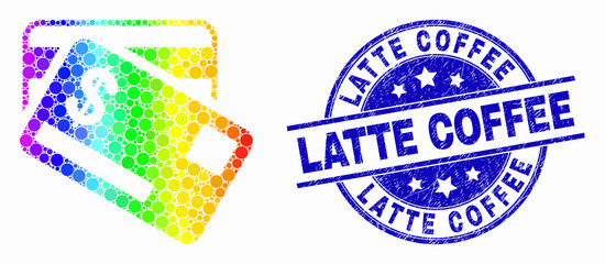 Dotted spectrum dollar bank cards mosaic icon and Latte Coffee seal stamp. Blue vector round textured seal stamp with Latte Coffee title. Vector collage in flat style.