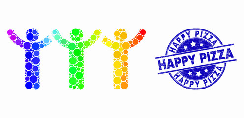 Pixelated rainbow gradiented dancing people mosaic pictogram and Happy Pizza stamp. Blue vector round scratched stamp with Happy Pizza message. Vector collage in flat style.