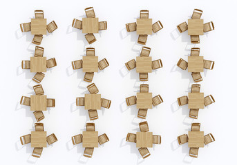 group of wooden tables with chairs top view