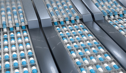 Fototapeta premium Pharmaceutical production of pills. Drugs manufacturing. 3D rend
