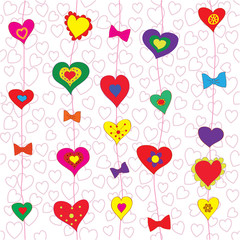 Card template with bright hearts in cartoon style.