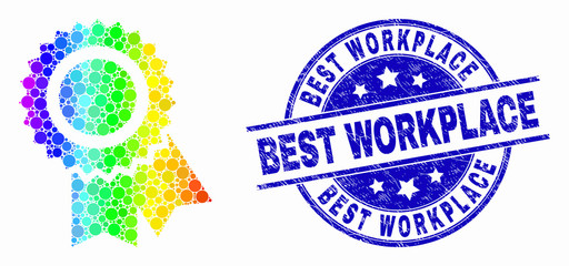 Dot rainbow gradiented award seal mosaic icon and Best Workplace stamp. Blue vector round scratched seal with Best Workplace title. Vector composition in flat style.