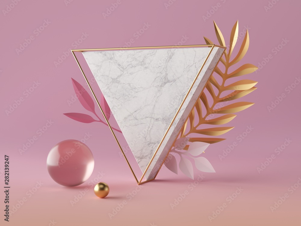 Poster 3d render, white marble triangle shape, blank triangular banner mockup, simple geometrical objects i