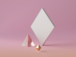 3d abstract modern minimal background, white rhombus canvas isolated on pink, golden crystal polygonal shapes, glass pyramid, fashion minimalistic scene, simple clean design, blank feminine mockup