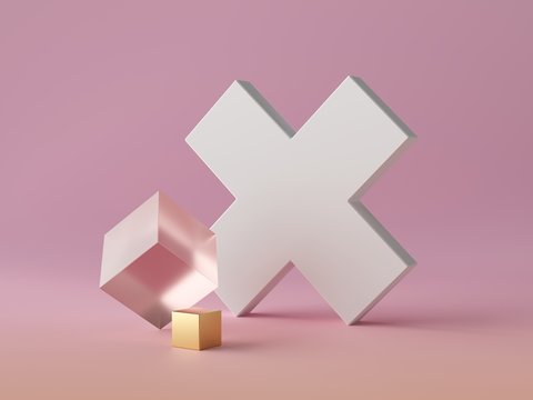 3d abstract modern minimal background, white cross shaped canvas isolated on pink, golden cube, cubic shape, crystal glass block, fashion minimalistic scene, simple clean design, blank feminine mockup