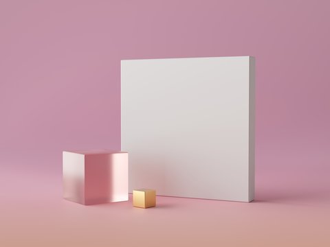 3d Abstract Modern Minimal Background, White Square Canvas Isolated On Pink, Crystal Glass Block, Golden Cube, Cubic Decor, Fashion Minimalistic Scene, Simple Clean Design, Blank Feminine Mockup