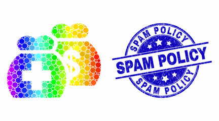 Dotted rainbow gradiented medical funds mosaic pictogram and Spam Policy stamp. Blue vector round distress seal stamp with Spam Policy text. Vector collage in flat style.