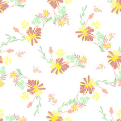Abstract simple flowers seamless pattern for fabric design. Vector repeat illustrations. Romantic twig and flora seamless pattern.Botanical wallpaper. Element decorative floral.