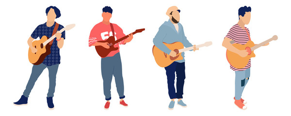 Young group of men playing guitar. Isolated flat illustration - Vector