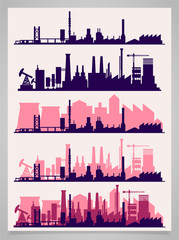 Vector horizontal banners with industrial part of city. Factories, refineries and power plants