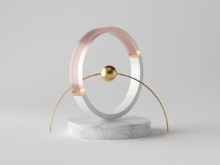 3d abstract decor, small gold ball inside decorative ring on marble podium, isolated on white background, rose pink glass, clean minimalist design, sophisticated modern object