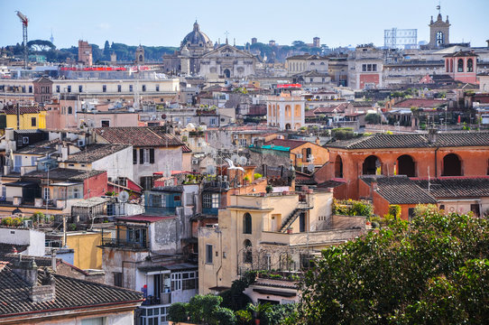 Roofs of Rome city from the viewpoint Terrazza del Pincio in Villa Borghese gardens in the north part of this Italian city.