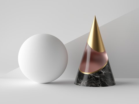 3d abstract primitive shapes on white background, black marble, rose glass and gold cone, white ball, clean minimalist design, sophisticated decor elements, modern geometric objects