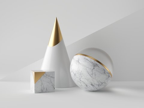 3d abstract primitive shapes on white background, marble and gold cone ball cube, clean minimalist design, sophisticated decor elements, modern geometric objects