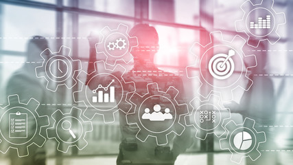 Business process automation concept. Gears and icons on abstract background