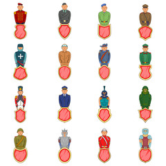 Fototapeta na wymiar Military defender icons set. Cartoon set of 16 military defender vector icons for web isolated on white background