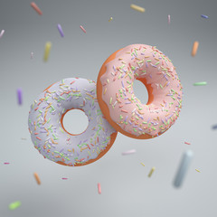  Pastel donuts with frosting in motion. Doughnuts with glaze flying over baby blue background with colorful sprinkles falling down. Creative square pastel 3d illustration