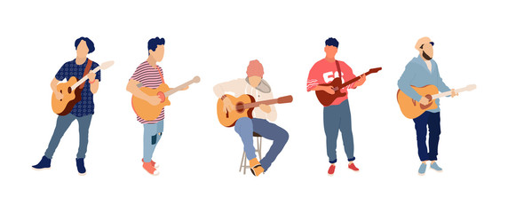 Fototapeta na wymiar Young group of men playing guitar. Isolated flat illustration - Vector