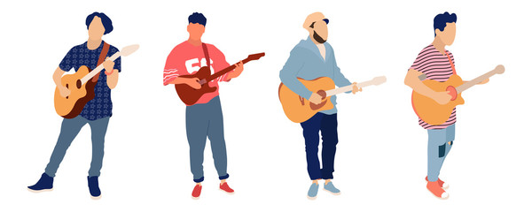 Young group of men playing guitar. Isolated flat illustration - Vector