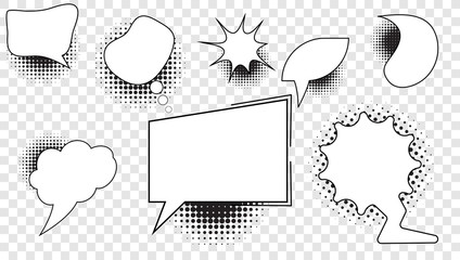 Set of comic bubbles with a blank background in the middle for text and elements with half tones