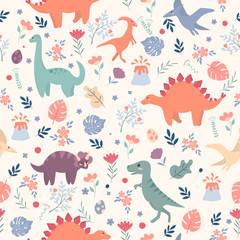 Seamless pattern with dinosaurs and tropical leaves and flowers. Perfect for kids fabric, textile, wallpaper. Cute dino design. Vector illustration