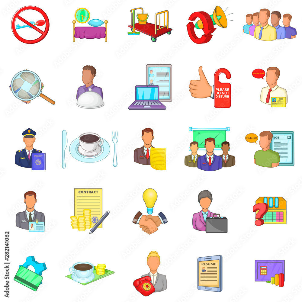 Poster working process icons set. cartoon set of 25 working process vector icons for web isolated on white 
