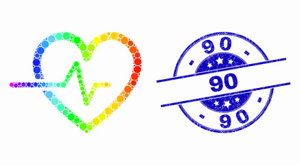 Pixel bright spectral heart pulse mosaic pictogram and 90 seal stamp. Blue vector rounded distress seal stamp with 90 phrase. Vector combination in flat style.