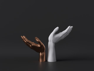3d render, gold and white female mannequin hands isolated on black background, body parts, fashion concept, religious prayer, sacred ritual, holding gesture, clean minimal design, blank space