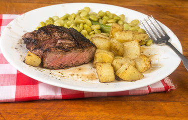 New York Strip Steak Charbroiled Medium with Pan-fried Potatoes and Baby Limas with Okra