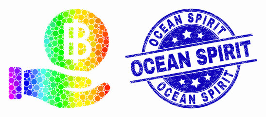 Dotted bright spectral hand offer bitcoin mosaic pictogram and Ocean Spirit seal stamp. Blue vector round scratched seal stamp with Ocean Spirit text. Vector composition in flat style.