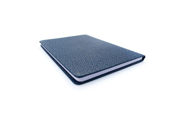 Blue leather notebook isolated on white background.