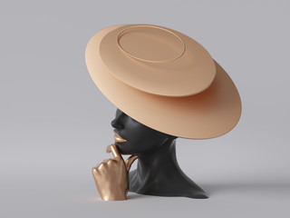3d render, black mannequin woman head isolated on white background, golden hand, lady wearing unusual hat of gold, fashion concept, shop display, female body parts, clean minimal design