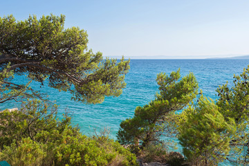 Beach in croatian coast, blue sea. Aerial view