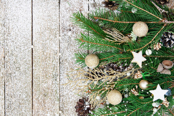 Pine branches with New Year’s decor, decorations, beads, snowflakes, stars, gifts - Christmas...
