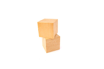 Design concept - 2 abstract geometric real wooden cube with surreal layout on white floor background and it's not 3D render