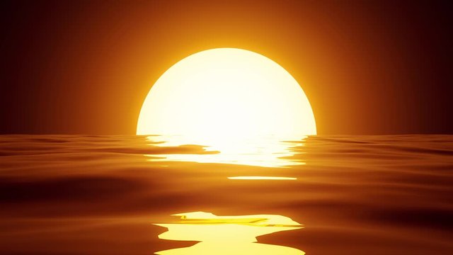 Flight towards the Sun at sunset. Reflection of Sun light in waves of water surface. Looping animation.
